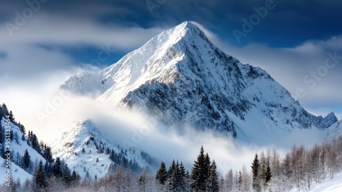 A breathtaking view of a snow-covered mountain range under a heavy snowfall, with thick snow accumulating on the peaks and valleys. The white snow contrasts sharply against the dark, overcast sky,