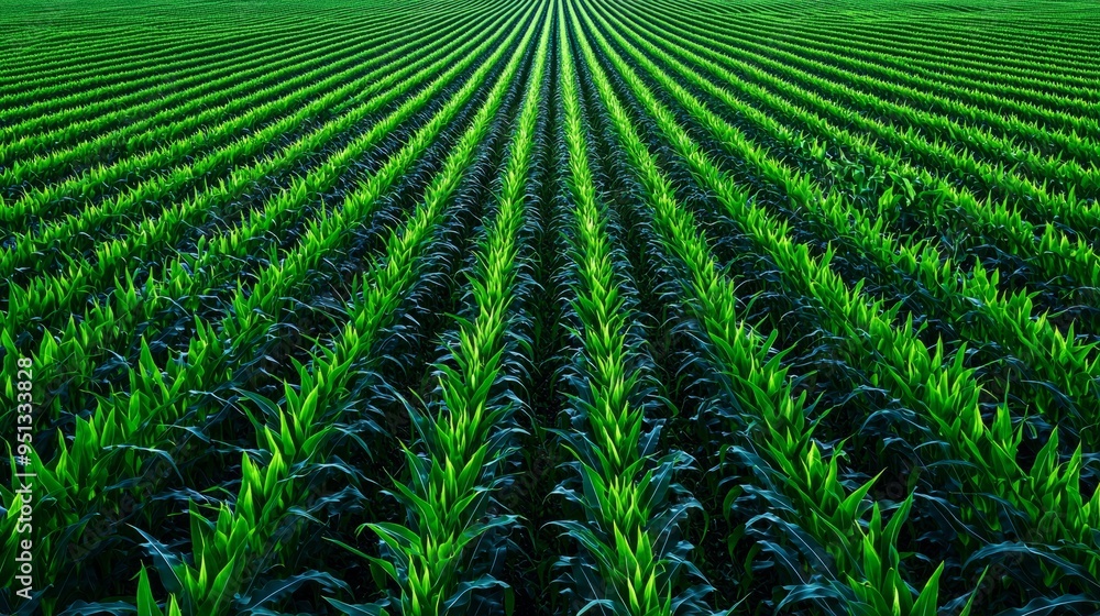 Vibrant green rows of corn plants stretch across a vast agricultural field under clear skies, showcasing nature's bounty. Vibrant green rows of corn plants stretch across a vast agricultural field under clear skies, showcasing nature's bounty.