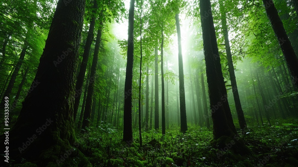 Obraz premium Thick fog rolling through a lush, green forest with towering tree trunks emerging from the mist, the ground covered in dew-soaked foliage.
