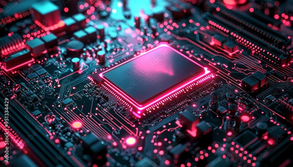 Close-up of a Circuit Board with a Glowing Processor Close-up of a Circuit Board with a Glowing Processor