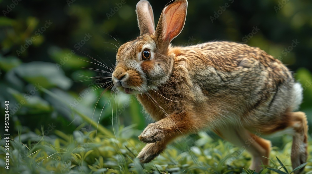 Fototapeta premium A cute bunny is seen running in a lush green field.
