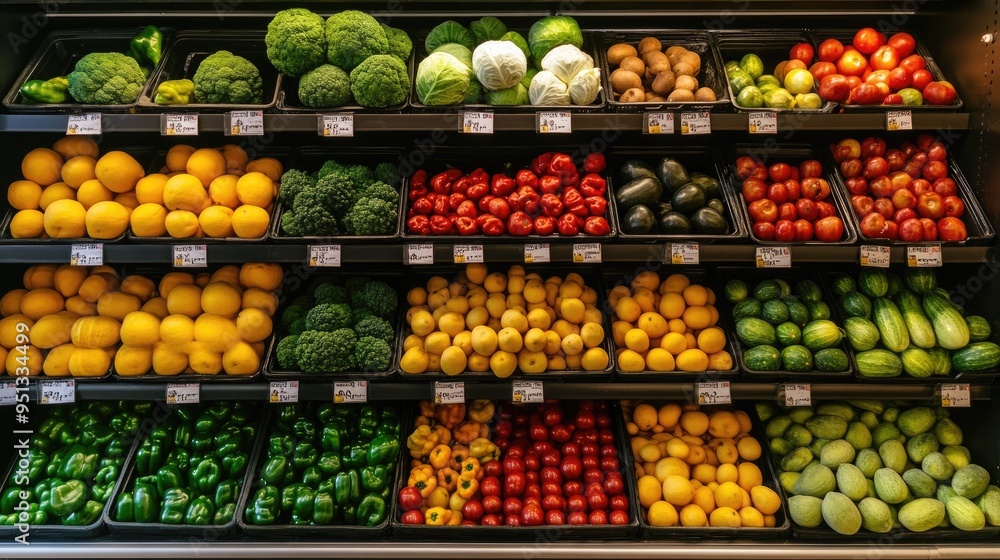 custom made wallpaper toronto digitalA well-stocked produce section in a modern supermarket, filled with fresh fruits and vegetables, exemplifying health and abundance.