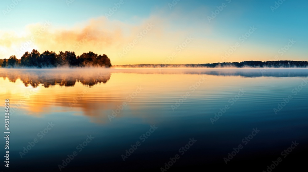 Fototapeta premium A quiet lake enveloped in thick, drifting fog at dawn, with the water reflecting the soft, diffused light of the early morning. The fog creates a dreamy.