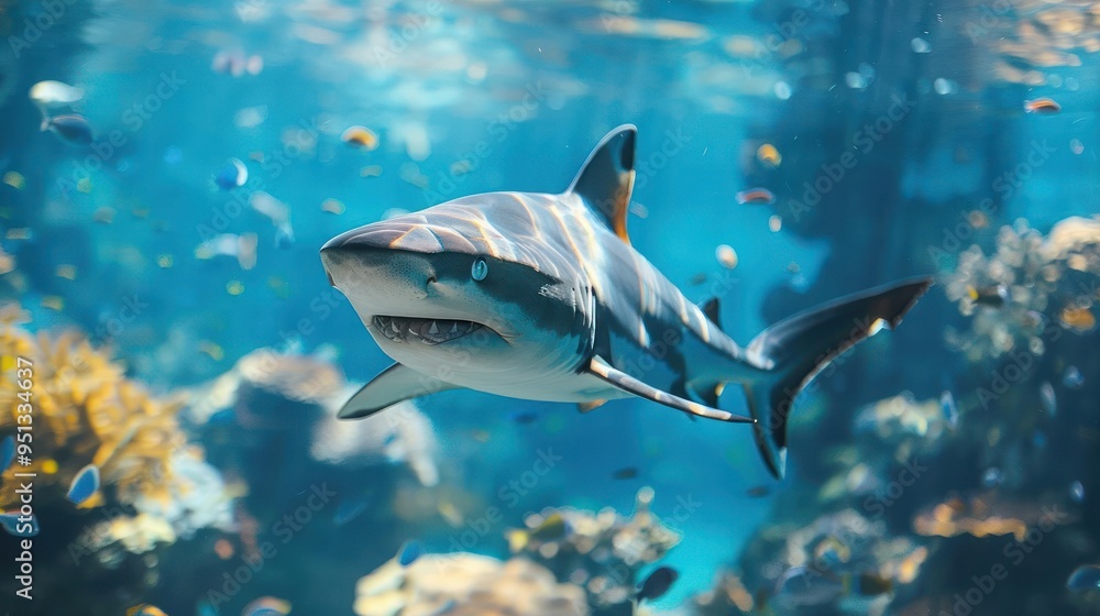 Fototapeta premium Two large sharks swimming through a vibrant coral reef teeming with marine life.