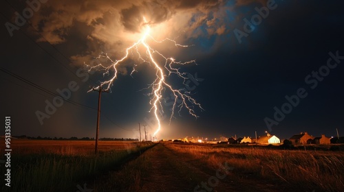 Dramatic lightning bolts piercing through a pitch-black sky during a fierce thunderstorm, showcasing the raw power and intensity of extreme weather conditions photo