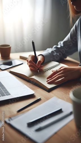 Hands Writing on Notebook with Laptop in Background
