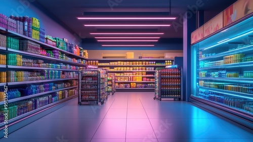 A wide, brightly lit refrigerated section in a supermarket, filled with a variety of goods, inviting exploration. photo