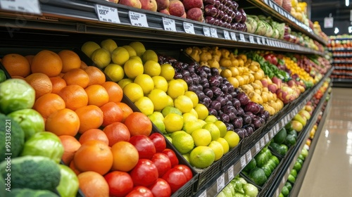 Abundance of fresh produce in a modern supermarket, with vibrant colors of fruits and vegetables inviting healthy choices.