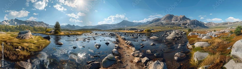 Mountain trail leading to a challenging river crossing, River crossing mountain trail, adventurous and rugged landscape Mountain trail leading to a challenging river crossing, River crossing mountain trail, adventurous and rugged landscape