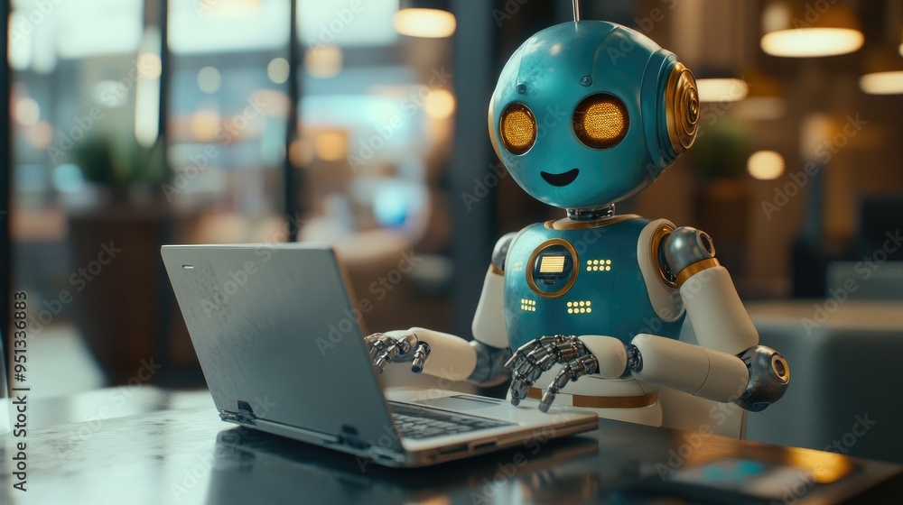 Adorable humanoid robot typing on a laptop, representing the future of AI with a touch of personality and efficiency. Adorable humanoid robot typing on a laptop, representing the future of AI with a touch of personality and efficiency.