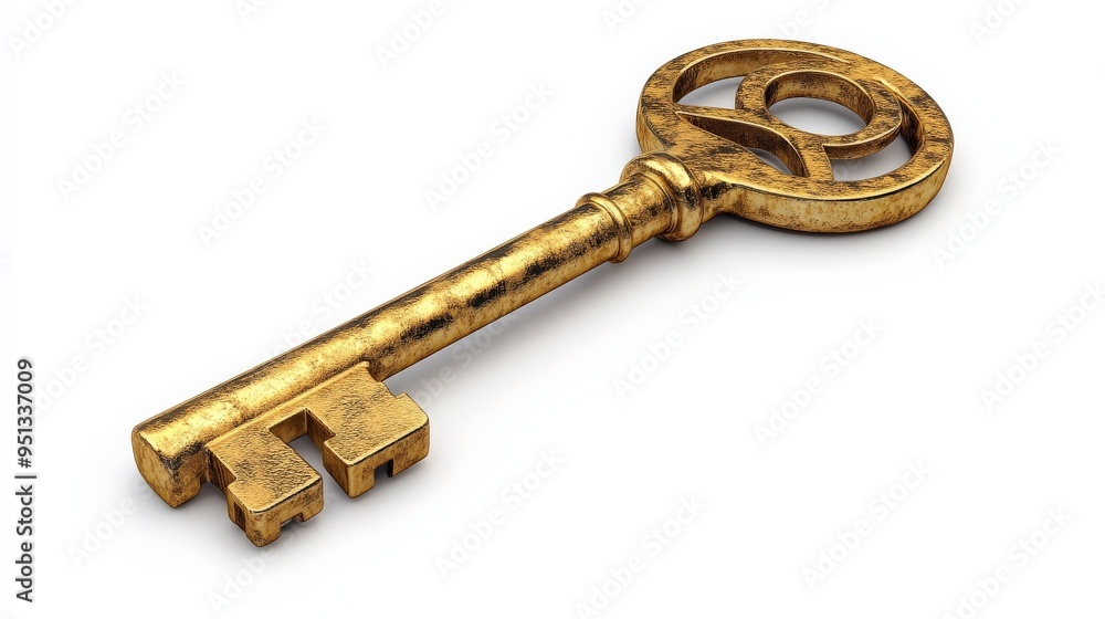 Golden Key to Success: An ornate, antique-style key gleaming against a pure white backdrop, symbolizing opportunity, achievement, and the unlocking of potential. Golden Key to Success: An ornate, antique-style key gleaming against a pure white backdrop, symbolizing opportunity, achievement, and the unlocking of potential.