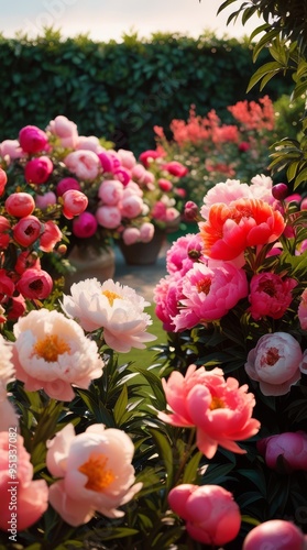  of a lush peonies garden, bathed in warm, soft natural light, with an array of vivid and beautiful flowers 
