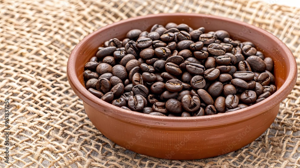 Organic coffee beans in a rustic ceramic bowl, highlighting a natural and homely atmosphere Organic coffee beans in a rustic ceramic bowl, highlighting a natural and homely atmosphere