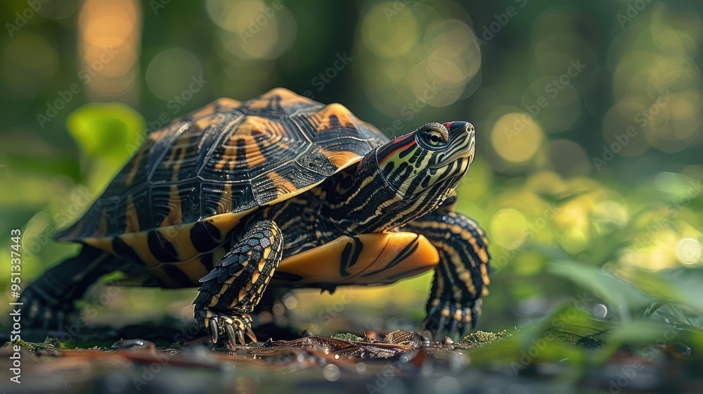 A single turtle, adorned with a vibrant pattern of yellow and orange stripes on its shell, A single turtle, adorned with a vibrant pattern of yellow and orange stripes on its shell,