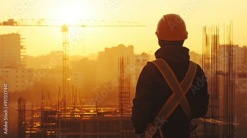 Sunset Silhouette of Construction Worker in Urban Landscape