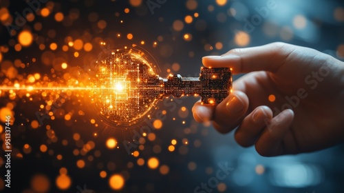 Obraz na płótnie Unlocking Potential: A hand reaches out to grasp a glowing key, symbolizing the power to unlock potential, innovation, and new opportunities. Spark your imagination and ignite your creativity with thi w salonie