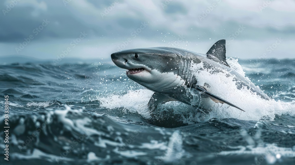 Obraz premium Powerful white shark with a large mouth and prominent gills leaps from the ocean,