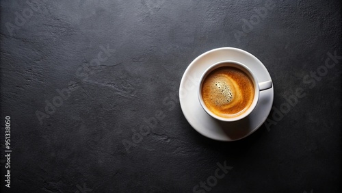 Top view of a cup of coffee on a dark background, minimalistic design, high quality