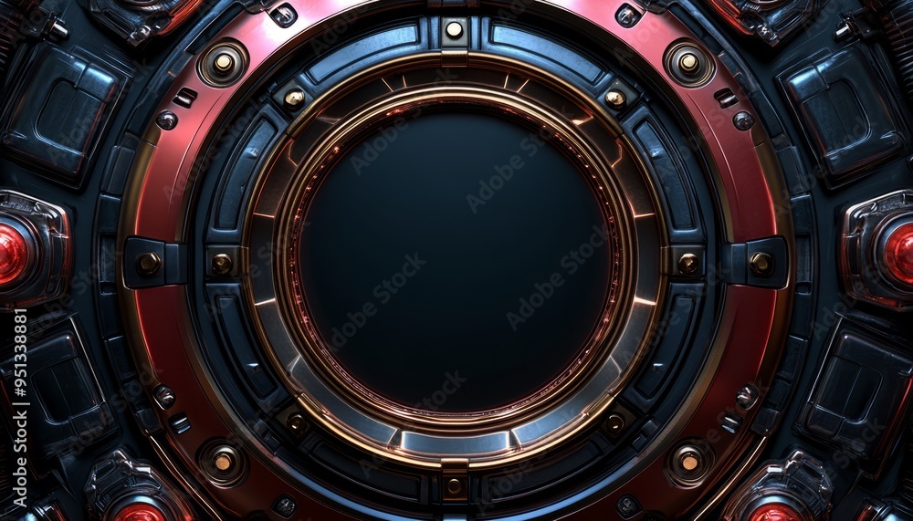 Fototapeta premium Circular Metal Panel with Glowing Red Lights and a Black Center