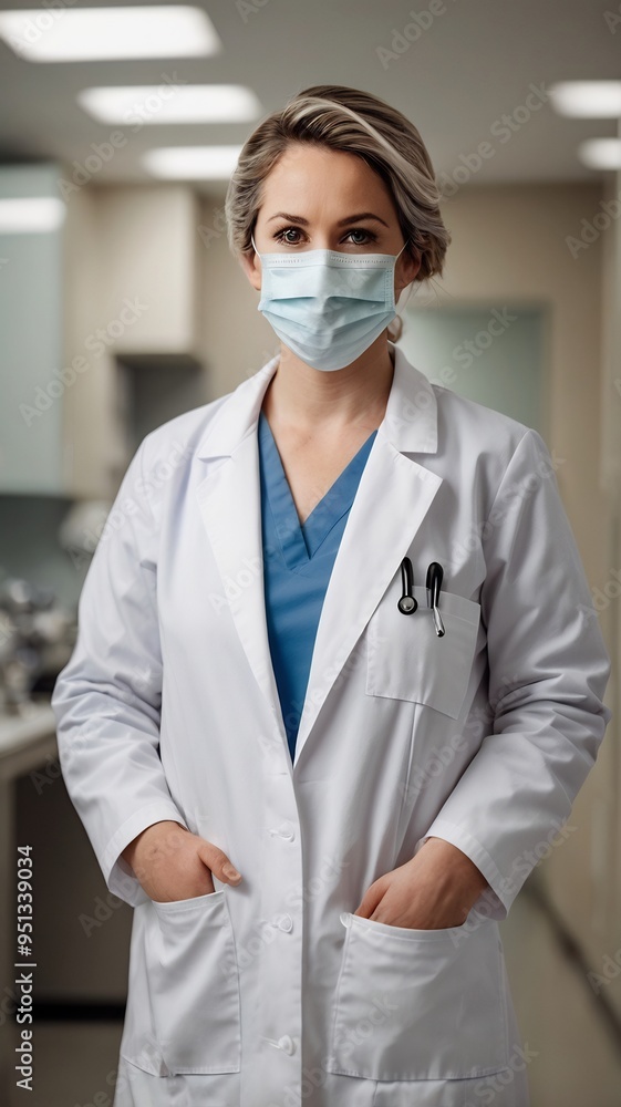 Photorealistic Image of a Medical Professional in White Coat and Mask Photorealistic Image of a Medical Professional in White Coat and Mask