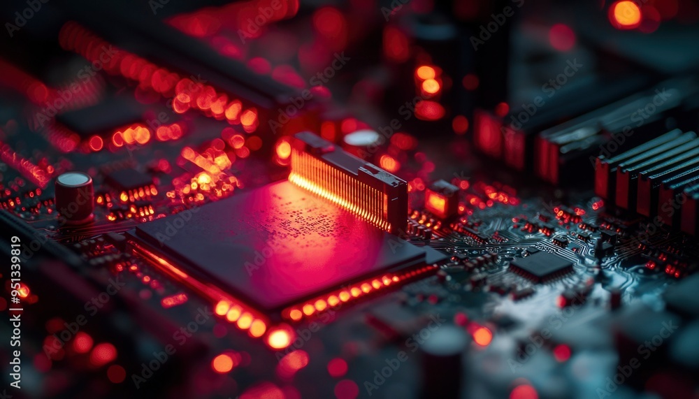 Red-Lit Computer Motherboard Close-Up with Processor Red-Lit Computer Motherboard Close-Up with Processor