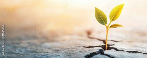 Golden sapling sprouting from a cracked stone, symbolizing resilience and growth, nature