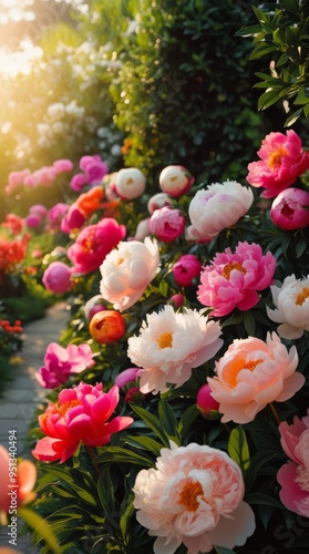 Wallpaper Mural  of a lush peonies garden, bathed in warm, soft natural light, with an array of vivid and beautiful flowers 
 Torontodigital.ca