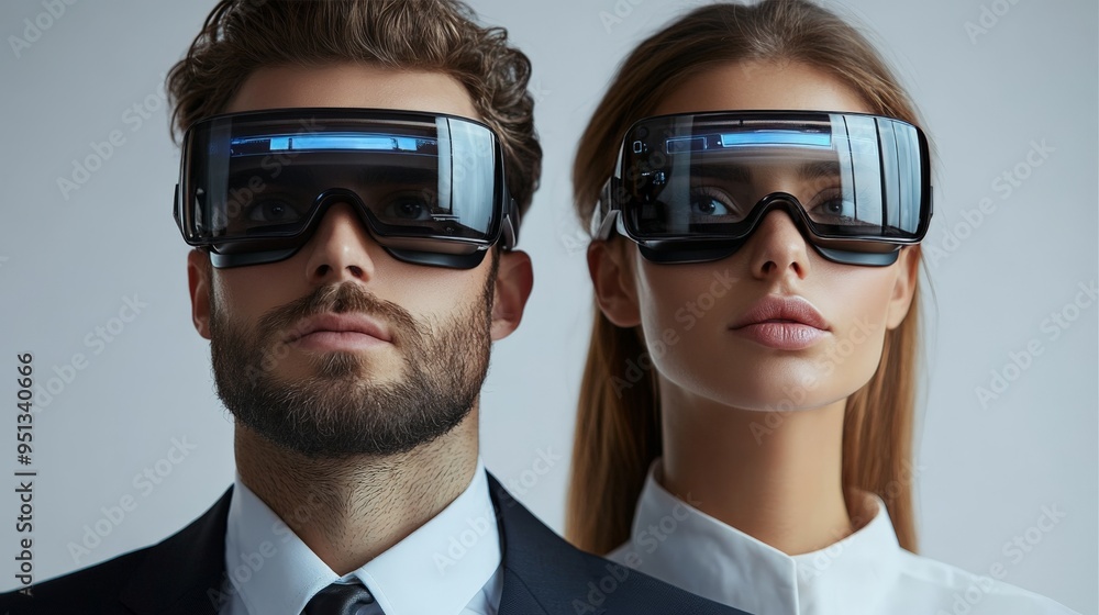 The Future is Now: A futuristic couple gaze intently through cutting-edge VR glasses, embodying the promise of technological innovation and the boundless possibilities of virtual reality. The sleek, m The Future is Now: A futuristic couple gaze intently through cutting-edge VR glasses, embodying the promise of technological innovation and the boundless possibilities of virtual reality. The sleek, m
