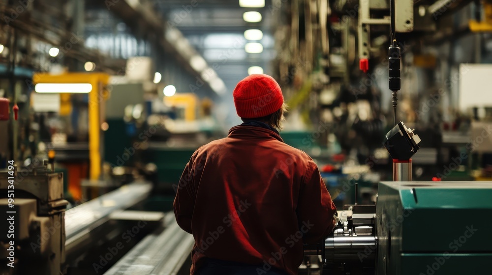 Hardworking Factory Worker in Red Apparel Hardworking Factory Worker in Red Apparel