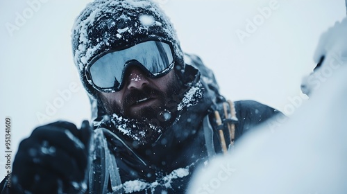 Rugged Mountaineer Scaling a Snow Capped Peak with Crampons and Ice Axe Determined Expression in Cinma Vrit Style photo