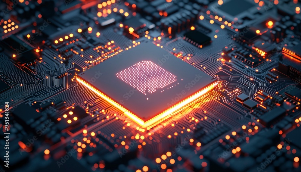 A Close-Up View of a Lit-Up Computer Chip on a Motherboard A Close-Up View of a Lit-Up Computer Chip on a Motherboard