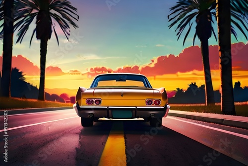 View from behind classic car on the street at sunset with beautiful nature background Generative AI