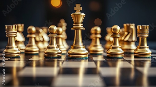 Golden Chessboard: A close-up of a golden chessboard, with the king piece standing tall and prominent, surrounded by other pieces in a strategic arrangement. The image evokes themes of strategy, leade photo