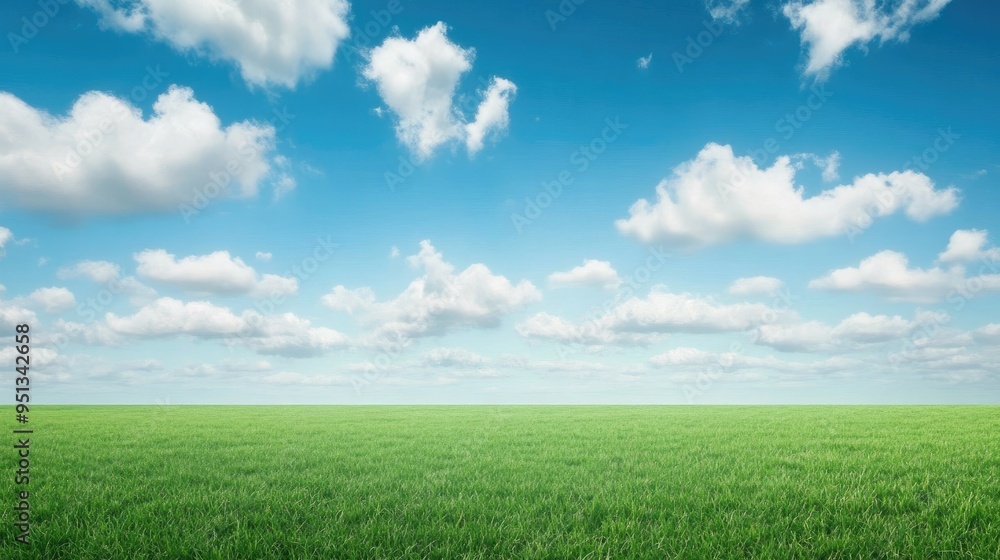 An empty green field with a backdrop of a beautiful sky and soft clouds, symbolizing tranquility and natural beauty An empty green field with a backdrop of a beautiful sky and soft clouds, symbolizing tranquility and natural beauty