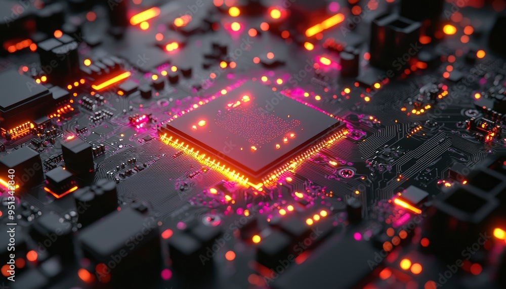 Illuminated Circuit Board with Glowing Processor Chip Illuminated Circuit Board with Glowing Processor Chip