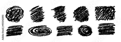 Grunge freehand shapes different forms. Chalk design elements isolated on white background. Black set drawn charcoal element for notes.