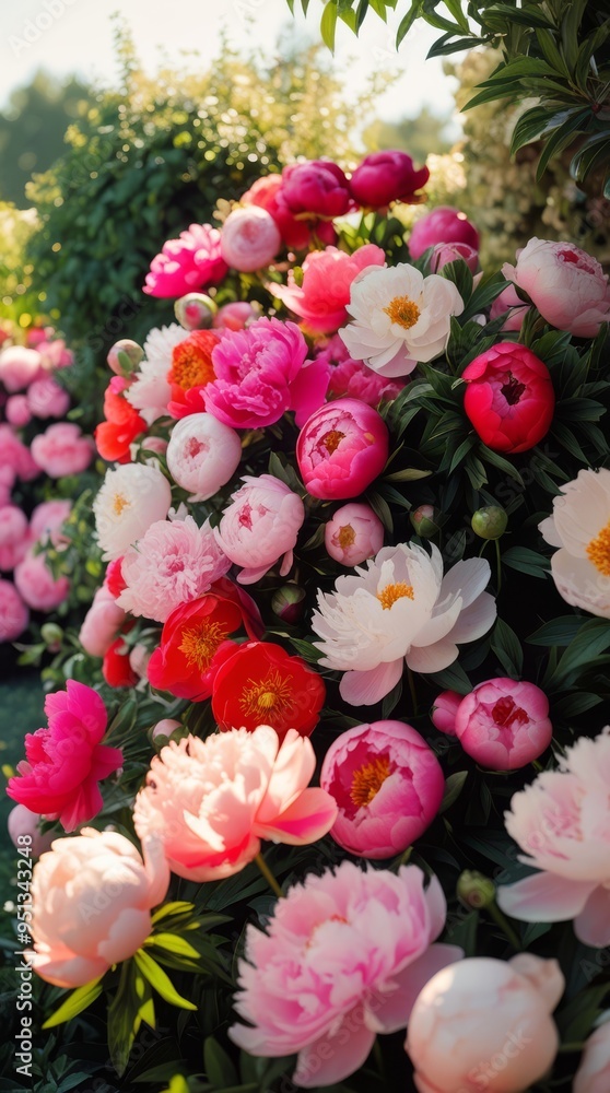 of a lush peonies garden, bathed in warm, soft natural light, with an array of vivid and beautiful flowers
of a lush peonies garden, bathed in warm, soft natural light, with an array of vivid and beautiful flowers