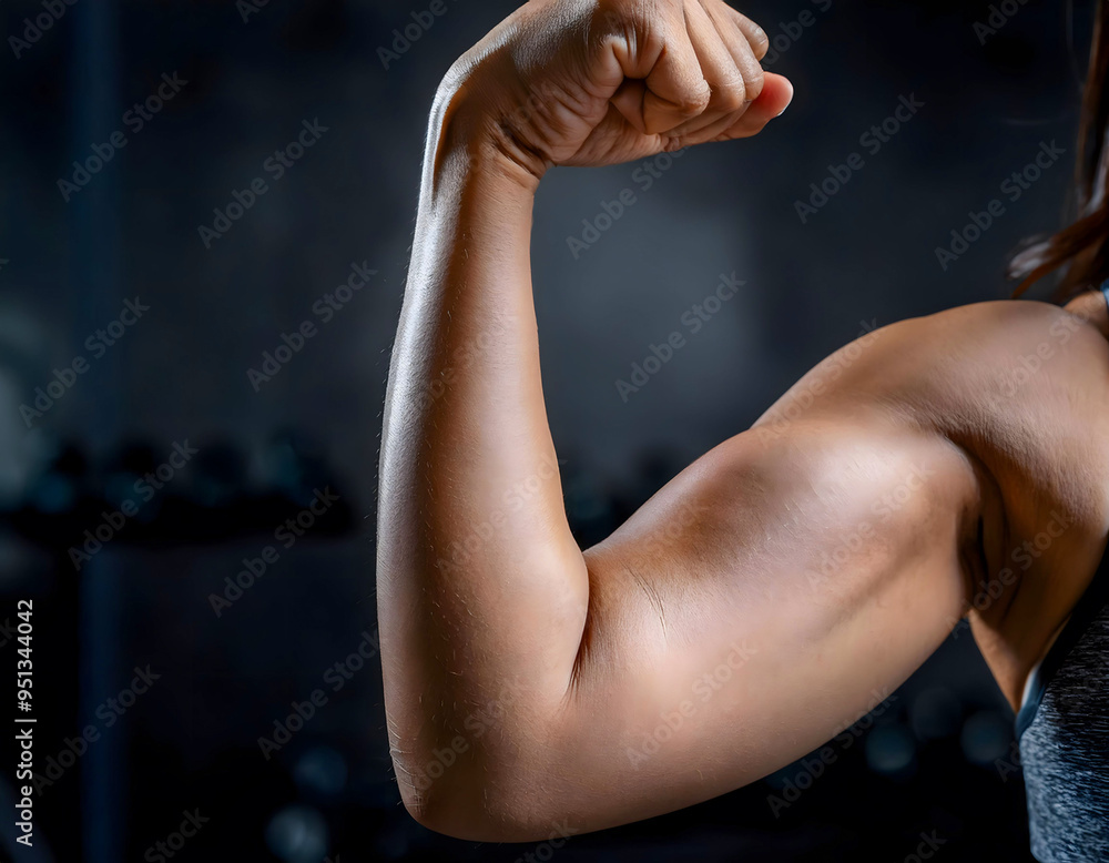 Fototapeta premium Strong Arm: A close-up of a woman's toned bicep, flexed with determination, showcasing the power and strength of human potential in a gritty gym setting.