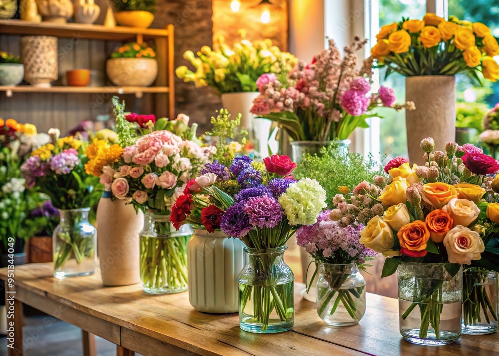 Fototapeta premium Brightly colored bouquets swell vases and jars, radiating warmth amidst the gentle glow of soft lighting in the flower shop's well-lit space.