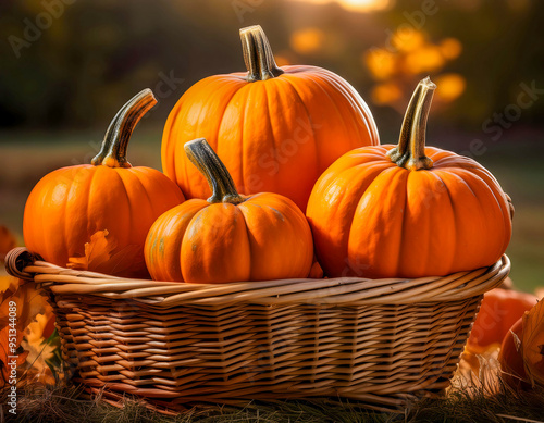 Wallpaper Mural Autumn's Bounty: A wicker basket overflowing with ripe, vibrant pumpkins, set against a backdrop of warm autumnal hues. Torontodigital.ca