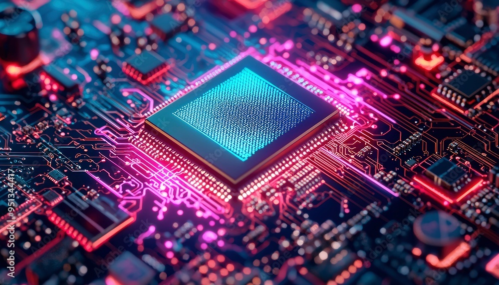 Close-up of a Glowing Processor Chip on a Circuit Board Close-up of a Glowing Processor Chip on a Circuit Board