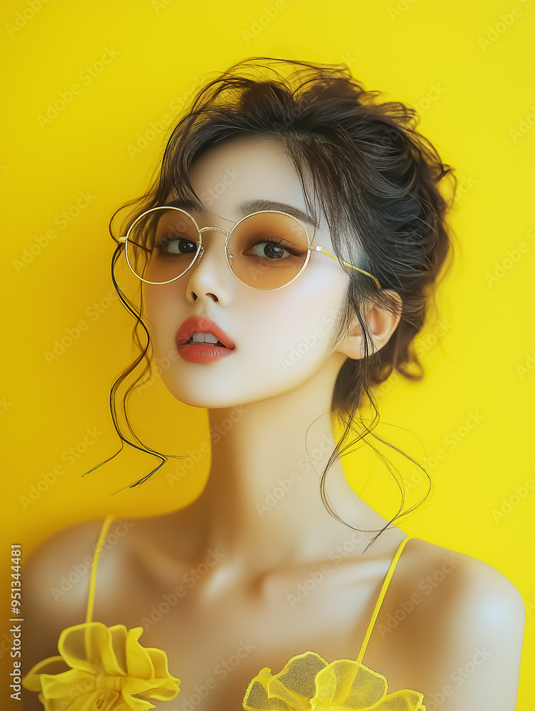 Vibrant summer portrait of a young Asian woman in sunglasses against a yellow background, ideal for fashion or beauty marketing. Vibrant summer portrait of a young Asian woman in sunglasses against a yellow background, ideal for fashion or beauty marketing.