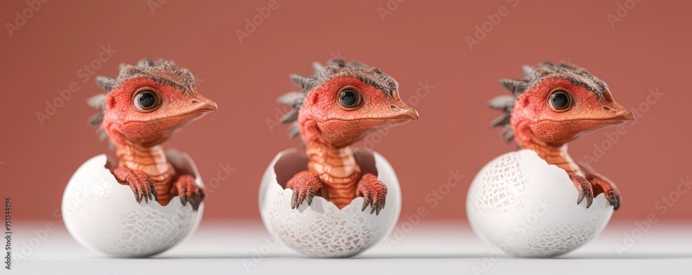Fototapeta premium Three adorable dragon hatchlings emerging from eggs, showcasing vibrant colors and magical charm in a whimsical setting.