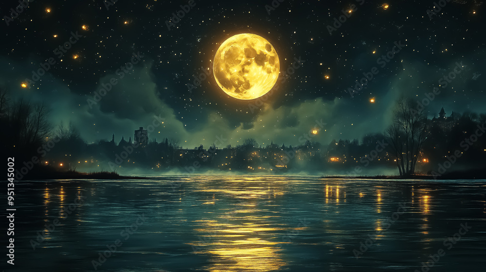 Naklejka premium A serene night landscape featuring a glowing full moon over a calm river, perfect for creating invitations or decor for nighttime events. Design for Wall Art, Poster Print, Wallpaper & Background