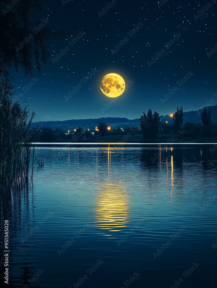 A tranquil night scene depicting a full moon reflecting on calm waters, perfect for relaxation and romantic themes. Design for Wall Art, Poster Print, Wallpaper & Background A tranquil night scene depicting a full moon reflecting on calm waters, perfect for relaxation and romantic themes. Design for Wall Art, Poster Print, Wallpaper & Background