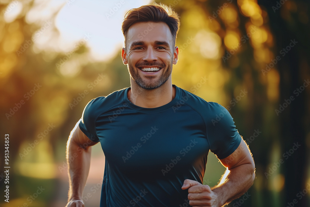 man is running in a park with a big smile on his face. He is wearing a blue shirt and he is enjoying himself man is running in a park with a big smile on his face. He is wearing a blue shirt and he is enjoying himself