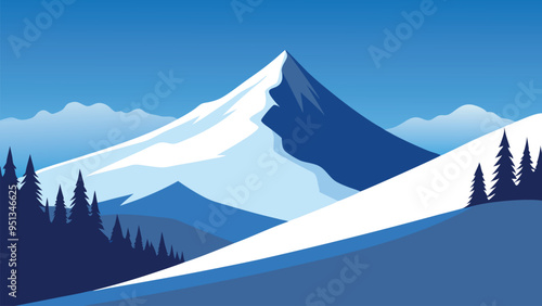 Snowy mountain slope adorned with evergreen trees, showcasing a tranquil winter landscape flat vector illustration.