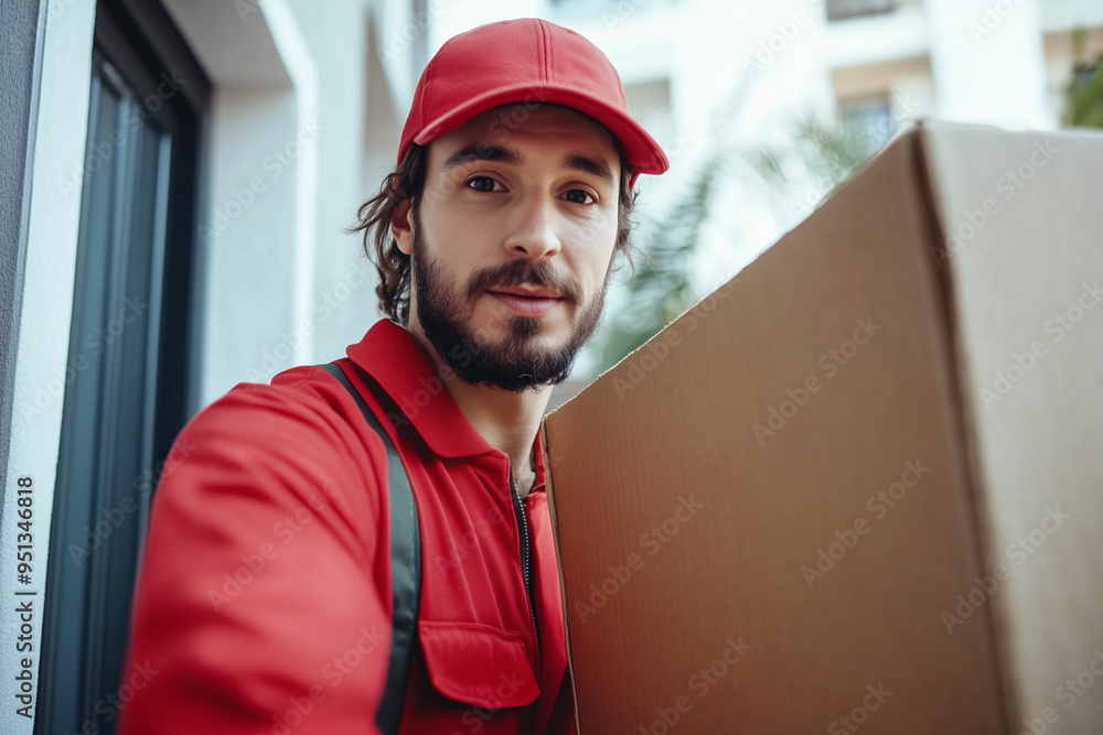 man in a red shirt is smiling and holding a cardboard box. He looks happy and content man in a red shirt is smiling and holding a cardboard box. He looks happy and content