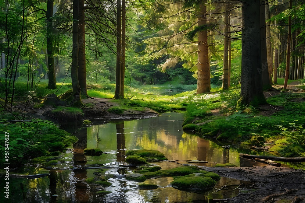 Beautiful green forest with a small river Beautiful green forest with a small river
