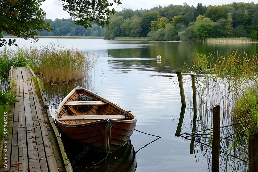 Obraz premium Boat on a wooden pier on the lake in the forest